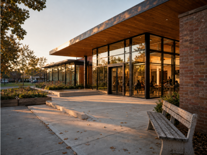 Illustration of a glass-walled church with a deep timber canopy and brick facade at golden hour, with a plaza and garden.