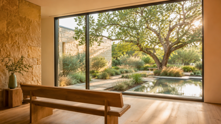 Funeral home seating area with a wood bench facing a window onto a Texas garden, oak tree, and still reflecting pool.