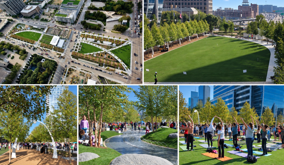 A lively evening plaza shows what makes a public space successful: shaded seating, café tables, and neighbors gathering.