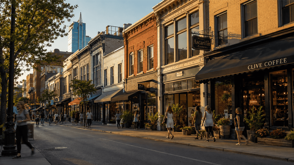 A busy historic downtown street with shops and pedestrians at golden hour, illustrating authentic placemaking done well.